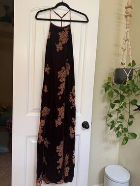 Band of Gypsies Burgundy Velvet Maxi Dress with Gold Floral Embroidery